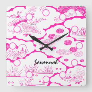 Asiatische rosa Blumenlandschaft Wanduhr