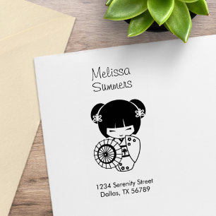 Asiatische Schirm-Geisha im Kimono Adresse Gummistempel