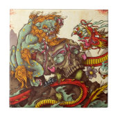 Asiatische Szene mit foo Hund und Drachen Fliese (Vorderseite)