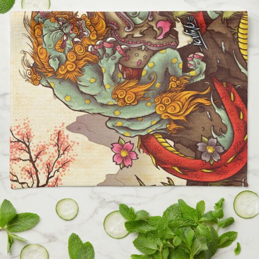 Asiatische Szene mit foo Hund und Drachen Geschirrtuch (Gefaltet)