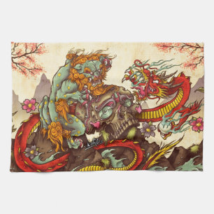 Asiatische Szene mit foo Hund und Drachen Geschirrtuch