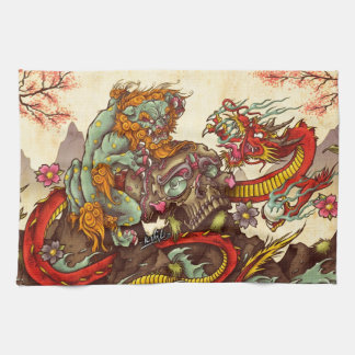 Asiatische Szene mit foo Hund und Drachen Geschirrtuch
