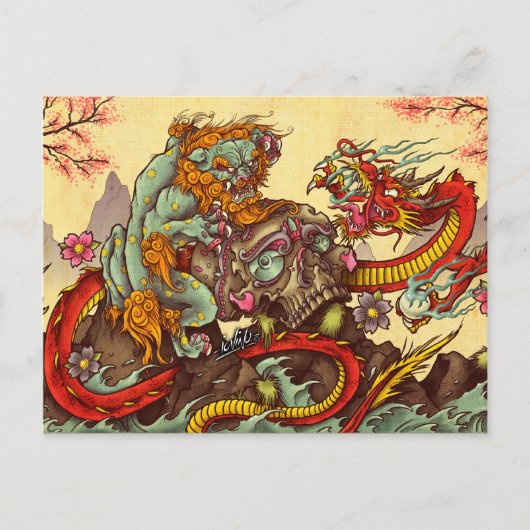 Asiatische Szene mit Foodog und Drache Postkarte (Vorderseite)