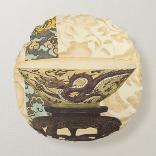 Asiatische Tapisserie mit Bowl- und Drachendesign Rundes Kissen
