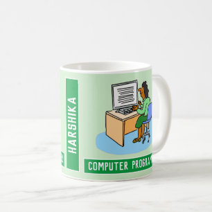 Asiatischer Computerprogrammierer mit Namen. Kaffeetasse