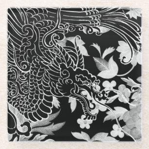 Asiatischer Drache - Black on Black Floral iPhone Glasuntersetzer