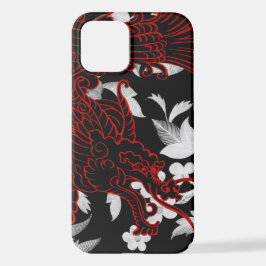 Asiatischer Drache - Black on Black Floral iPhone  12 Hülle