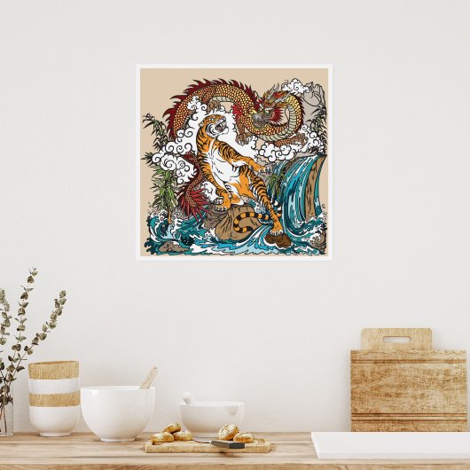 Asiatischer Drache gegen Tiger. Graphic ART Poster (Küche)