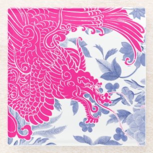 Asiatischer Drache - Rosa und Weiß auf blauer Flor Glasuntersetzer