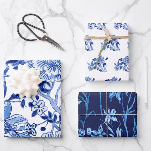 Asiatischer Einfluss Chinoiserie Navy Blue White F Geschenkpapier Set (Vorderseite)