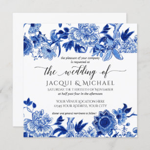 Asiatischer Einfluss White Blue Floral Wedding Art Einladung
