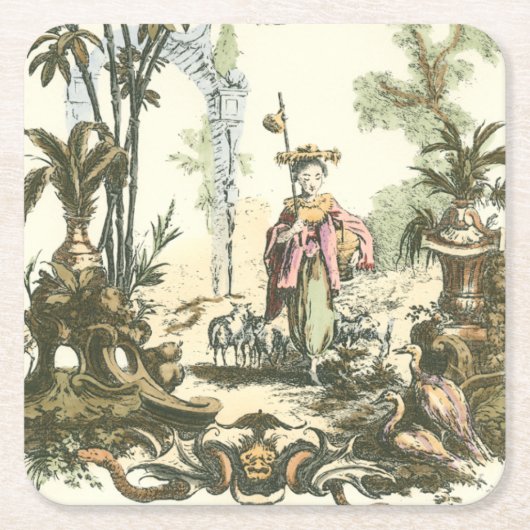Asiatischer Garten mit Frauen und Tieren Rechteckiger Pappuntersetzer (Vorderseite)