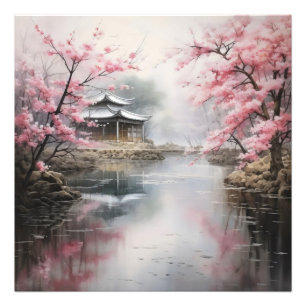 Asiatischer Garten - Rosa Bäume Fotodruck