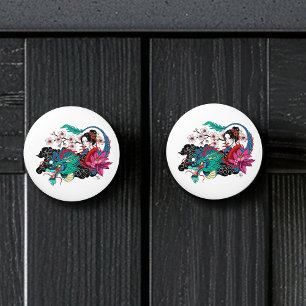Asiatischer Geisha-Drache Kirschblüten Blau Keramikknauf