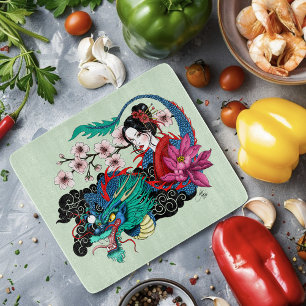 Asiatischer Geisha-Drache Kirschblüten Blau Schneidebrett