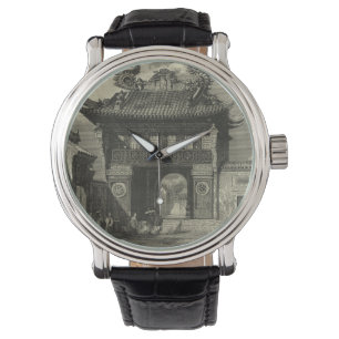 Asiatischer Kaisertempel in Schwarz und Weiß Armbanduhr