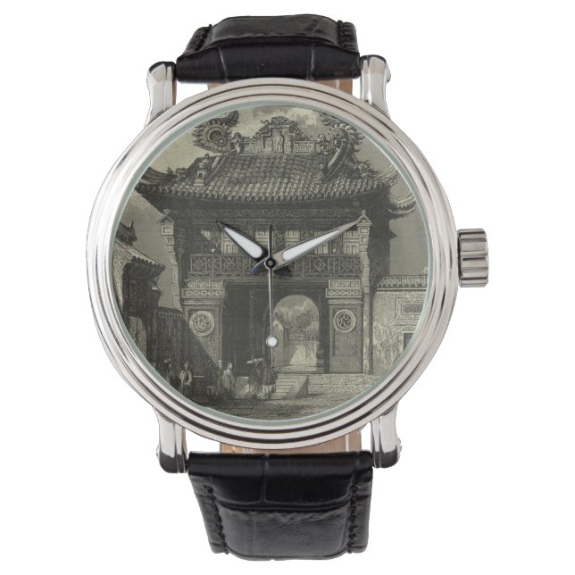 Asiatischer Kaisertempel in Schwarz und Weiß Armbanduhr (Vorderseite)