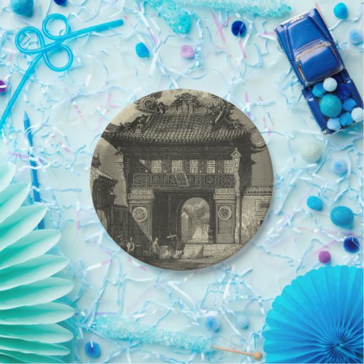 Asiatischer Kaisertempel in Schwarz und Weiß Pappteller (Party)
