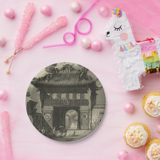 Asiatischer Kaisertempel in Schwarz und Weiß Pappteller (Party)