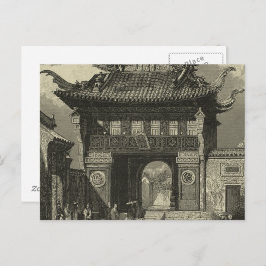 Asiatischer Kaisertempel in Schwarz und Weiß Postkarte (Vorne/Hinten)