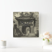 Asiatischer Kaisertempel in Schwarz und Weiß Quadratische Wanduhr (Zuhause)