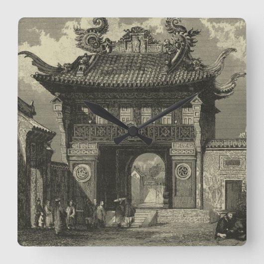 Asiatischer Kaisertempel in Schwarz und Weiß Quadratische Wanduhr (Vorderseite)