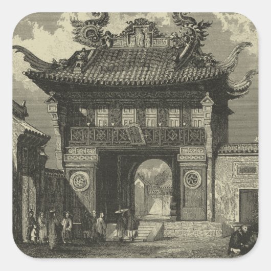 Asiatischer Kaisertempel in Schwarz und Weiß Quadratischer Aufkleber (Vorderseite)