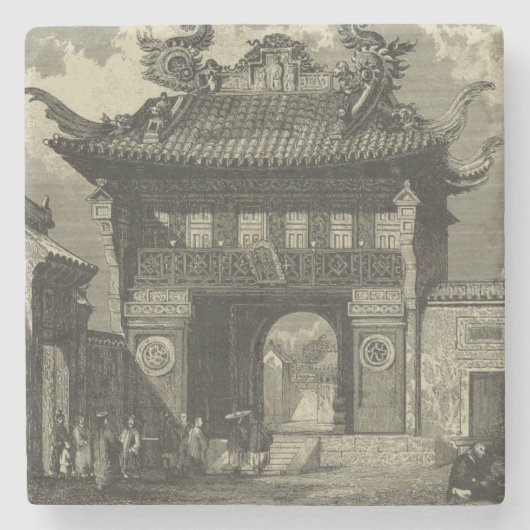 Asiatischer Kaisertempel in Schwarz und Weiß Steinuntersetzer (Vorderseite)