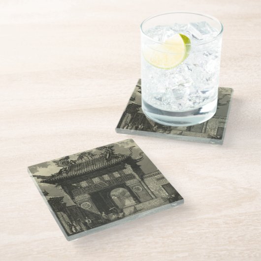 Asiatischer Kaisertempel in Schwarzem u. im Weiß Glasuntersetzer (Schrägansicht)