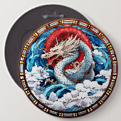 Asiatischer Mythischer Drache in Rot und Blau Button (Vorne & Hinten)
