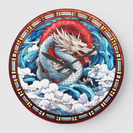 Asiatischer Mythischer Drache in Rot und Blau Große Wanduhr