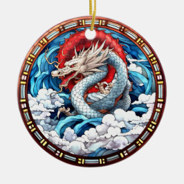 Asiatischer Mythischer Drache in Rot und Blau Keramik Ornament