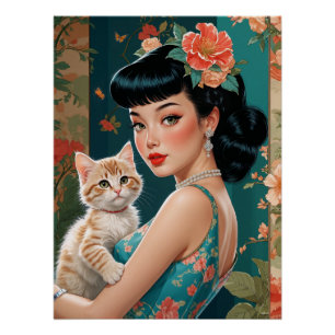 Asiatischer Pin-Up und süßes Kätzchen Poster