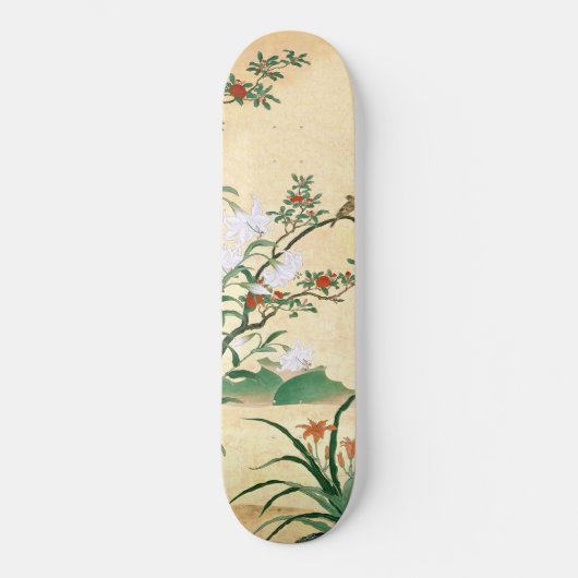 Asiatischer Rosen-weiße Lilien-VogelSkateboard Skateboard (Vorderseite)