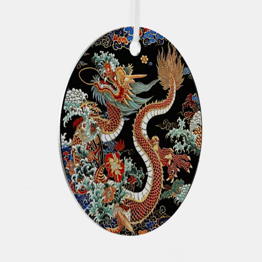 Asiatischer Roter Drache und Wellen Ornament Aus Metall (Vorderseite Rechts)