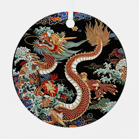 Asiatischer Roter Drache und Wellen Ornament Aus Metall (Vorderseite)