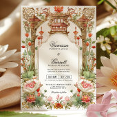 Asiatischer Roter Lotus und Fan Wedding Tee Zeremo Einladung