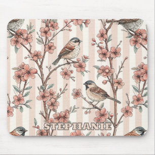 Asiatischer Spatz Kirschblüten Pfirsichstreifen Mousepad