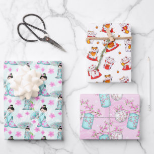 Asiatisches Design Geschenkpapier Flachblatt-Set a Set