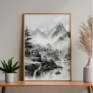 Asiatisches Haus in den Bergen Tinte Malerei Fotodruck