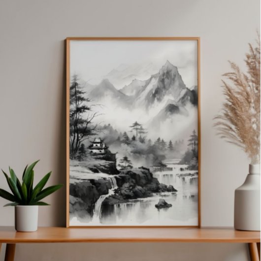 Asiatisches Haus in den Bergen Tinte Malerei Fotodruck