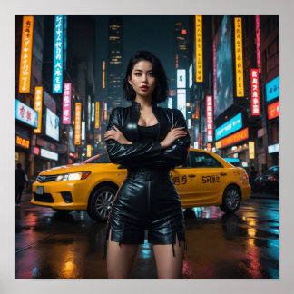 Asiatisches Mädchen in der nächtstädtischen Landsc Poster
