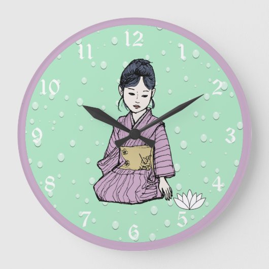 Asiatisches Mädchen in Pink Mauve Kimono Weißer Lo Große Wanduhr (Vorderseite)
