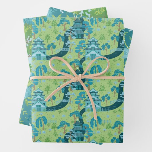 Asiatisches Muster Blau Grün Geschenkpapier Set (Beispiel)