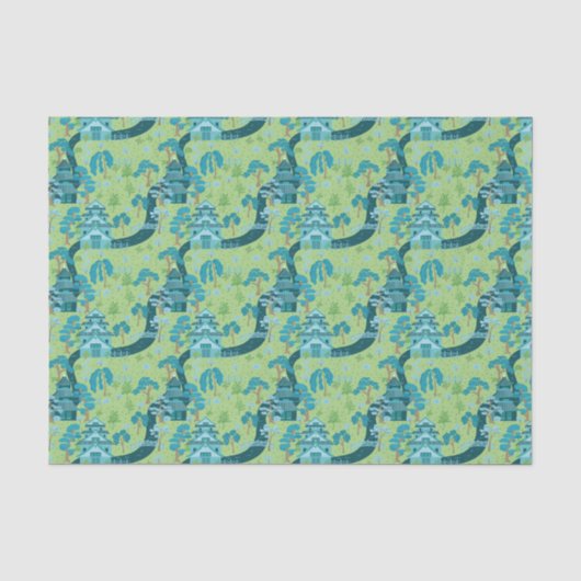 Asiatisches Muster Blau Grün Seidenpapier (Vorderseite)