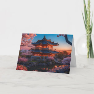 Asiatisches Schloss des Gartens Sonnenuntergang Feiertagskarte
