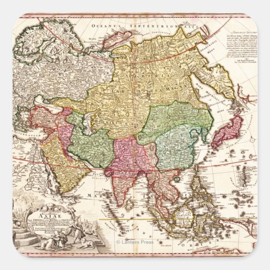 AsienPanoramakarteAsien 6 Quadratischer Aufkleber (Vorderseite)