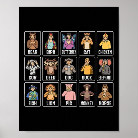 Asl Hand Gesture Animals Deaf Hörverlust Awarene Poster (Vorne)