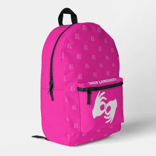ASL Sign Language Backpack – Hot Magenta Bedruckter Rucksack (Rückseitige Ecke links)