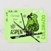 Aspen Colorado Green Theme Skier Postkarte (Vorne/Hinten)